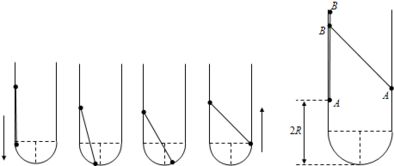 光滑的长轨道形状如下图所示.底部为半圆型.半径为R.固定在竖直平面内.AB两质量相同的小环用长为R的轻杆连接在一起.套在轨道上.将AB两环从图示位置静止释放.A环离开底部